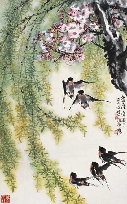 陆抑非 桃柳春燕图 立轴